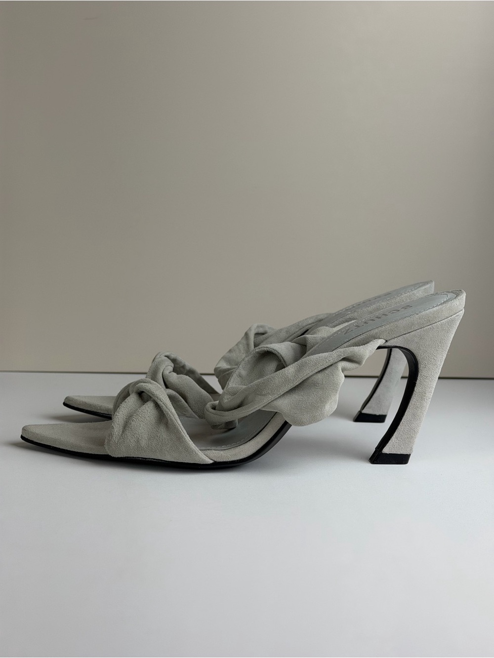 Schutz Meline Suede Knotted Mule Heels Light Gray Pointed Toe Sandals Size 7.5 - Picture 5 of 10